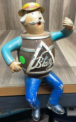 Vintage Blatz Beer Sign Back Bar Cast Iron Barrel Guy Metal Retro