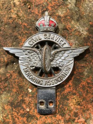 Vintage Car Badge Mascot Chrome Brass & Enamel Civil Service Motoring Assn