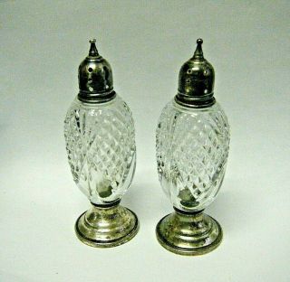 Vintage 1950s Pair Sterling Silver And Pressed Glass Salt And Pepper Shakers Set