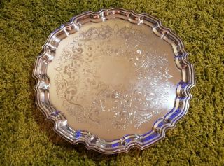 14 " Antique Vintage Silver Plated Round Tray Platter Gallery Salver Drinks