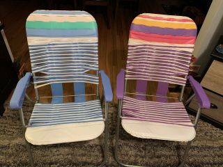 2 Folding Vintage Colorful Vinyl Tube Lawn Chairs
