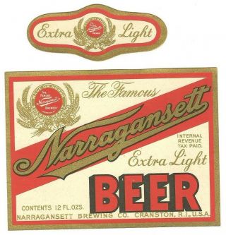 Narragansett Extra Light Beer Label,  Irtp,  Narragansett,  Cranston,  Ri W/neck