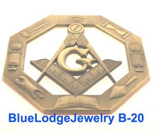 Octagon Masonic Brass Colored Cut Out Car Emblem With Masonic Items Tools B - 20