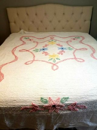 Vintage White Floral Chenille Bedspread Pastel Flowers Queen 102 " X 90.  5 "