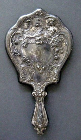 Antique Ornate Dimensional Silver Plated Art Deco Hand Mirror Monogramed