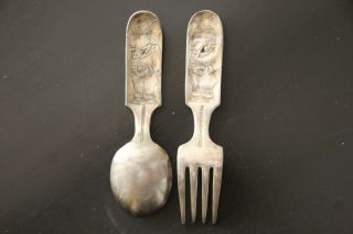 Vintage Child ' s/Baby ' s Fork & Spoon Set - Fairfield Silverplate - Clown/Elephant 2