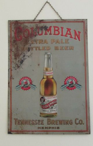 Columbian Beer Embossed Tin Sign Tenessee Brewing Co Memphis 1910