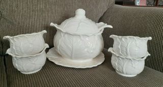 Vintage White Cabbage Leaf Soup Tureen W/ Serving Ladle,  Plate & 4 Bowls Htf