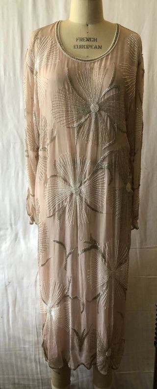 Vintage 80’s Hand Beaded 100 Silk Chiffon Dress Linsiano Sz M