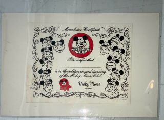 Vintage Walt Disney Mickey Mouse Club Mouseketeer Certificate Rare