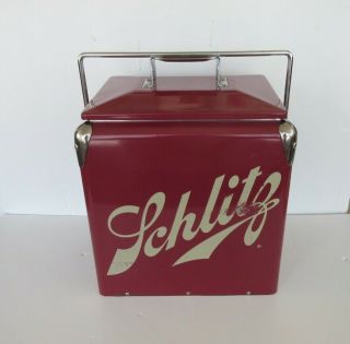 Vintage Schlitz Beer Metal Cooler W/ Locking Handle And Built - In Opener