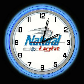 19 " Natural Light Beer Sign Blue Double Neon Clock Man Cave Bar Game Room Garage