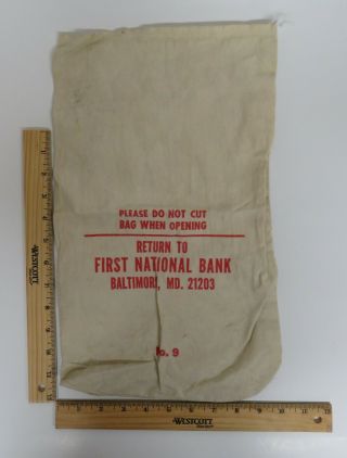 Vintage First National Bank Baltimore,  Md No.  9 Canvas Cloth Money/coin Bag