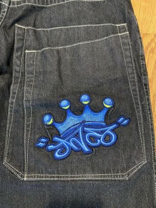 Vintage 90s Jnco Tribals Mens Embroidered Blue Crown Jeans Size 34x30 Tag 36x30