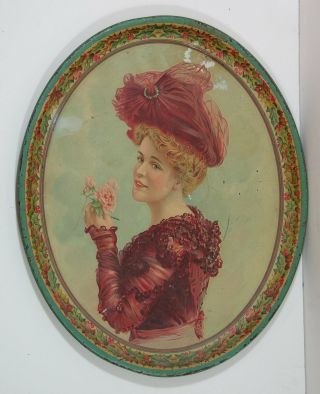 Ca1901 Large Size Tin Lithograph Advertising Serving Tray Young Woman