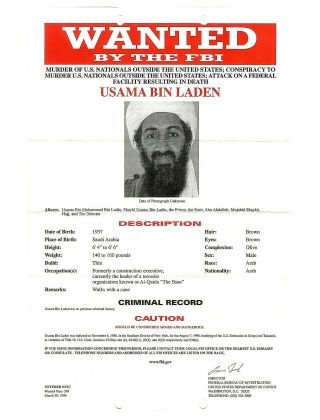 Osama Bin Laden Fbi Wanted Poster 8.  5x11 Photo 1999 Reprint Obama Usama 9/11 Nyc