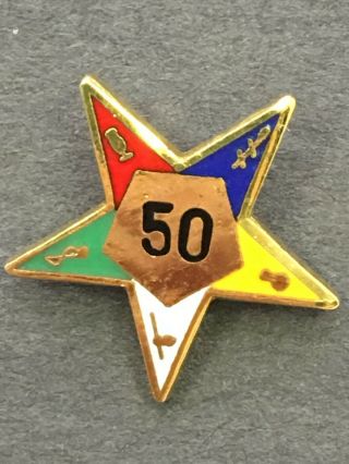 Order Of Eastern Star Oes 50 Year Masonic Gold Tone Enamel Tack Lapel Pin