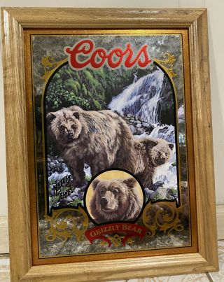 Vintage Coors Beer Grizzly Bear Nature Series Framed Mirror Sign 1995