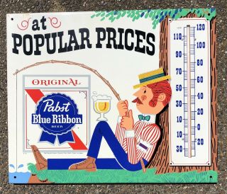 1970’s Vintage Pabst Blue Ribbon Beer Fishing Tin Thermometer Pbr Press Sign Co.