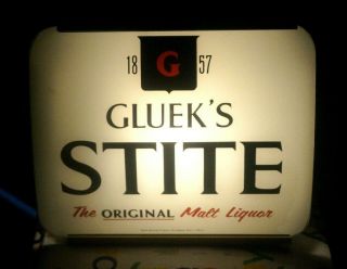 Vintage 1956 Glueks Beer Advertising Lighted Reverse Painted Curved Glass Sign