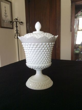 Big Vintage Fenton Hobnail Milk Glass Covered Pedestal Candy Dish Jar 12”