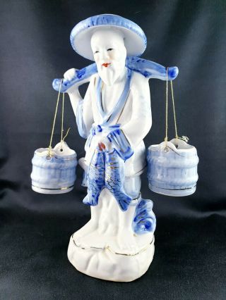 Vintage Chinese Fisherman Figurine With Water Buckets Hand Painted Blue & White