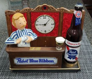 Vintage Pabst Blue Ribbon Beer Lighted Bar Display - Bartender & Clock Nos