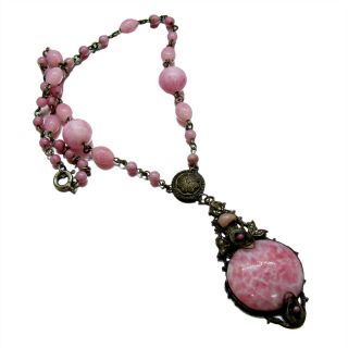 Vintage Czech Pink Peking Glass Necklace Filigree Seed Pearl