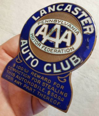 Antique Aaa Lancaster Pa Auto Club Enamel Badge Emblem Bastian Bros