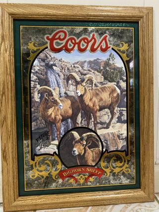 Vintage Coors Beer Bighorn Sheep Nature Series Framed Mirror Sign 1995