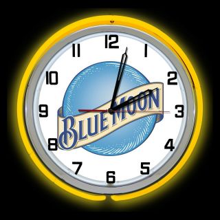 19 " Bluemoon Beer Double Neon Clock Yellow Neon Color Blue Moon Man Cave Garage