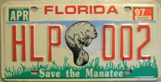 Florida License Plate Hlp - 002 From 1996 With 1997 Tag Save The Manatee