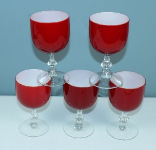 5 Vtg Carlo Moretti Murano Red & White Cased Glass Water Or Wine Goblets