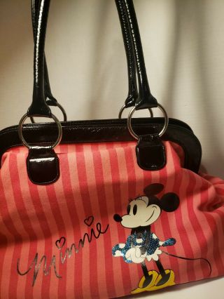 Disney Store Minnie Mouse Large Canvas Tote Bag Pink Stripes Hand Bag Zippers