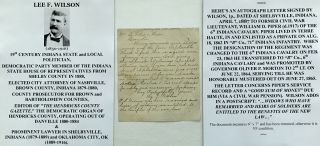 State Politician Shelbyille Civil War 6th Indiana Cavalry Wilson Letter Signed
