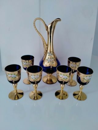 Vintage Venetian Murano Hand Painted Gold Gilt Enamel Flower Ewer & 6 Glasses