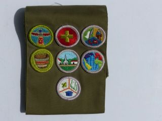 Vintage 3 Wide Merit Badge Sash Boy Scout Bsa Khaki With 7 Merit Badges