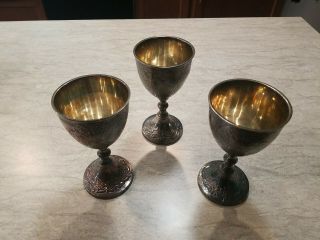 Silver Plated Goblets Floral & Scrolls Set Of Three
