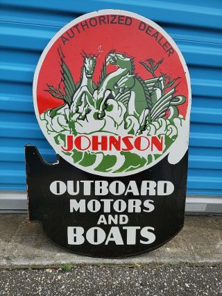 Vintage Johnson Outboard Motors And Boats Double Sided Flange Porcelain Sign