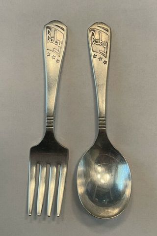 Vintage Imperial Silver Plate Baby Spoon & Fork Feeding Set " Baby " Embossed