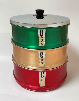 3 Vintage Retro Anodised Aluminium Stackable Cake Biscuits Scones Tins Canisters