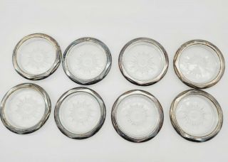 Vintage Round Pressed Glass Silver Plated,  Rimmed Coasters Set Of 8,  3.  5 " Wide