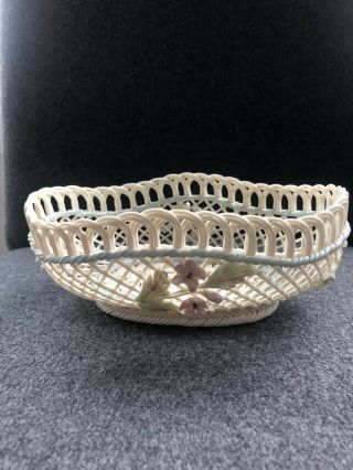Vintage Belleek Irish Basket Weave Applied Flower Boat Shape Dish Bowl Basket