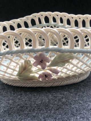 Vintage Belleek Irish Basket Weave Applied Flower Boat Shape Dish Bowl Basket 2