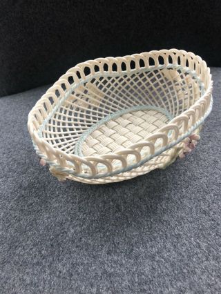 Vintage Belleek Irish Basket Weave Applied Flower Boat Shape Dish Bowl Basket 3