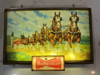 Rare Vintage Budweiser Beer Lighted Sign Clydesdale Horses Wagon 1950 1960’s