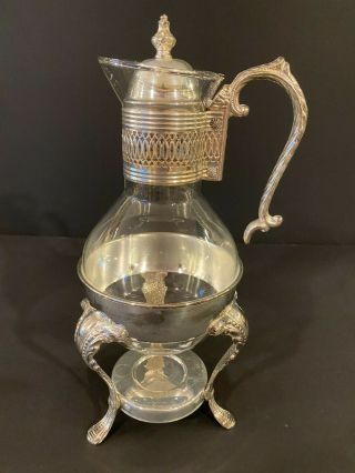 Vintage Antique Silver Plated / Glass Coffee Tea Carafe Pot With Warmer Stand