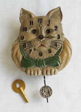 Vintage Lux Animated Cat Clock With Moving Eyes And Key Hand Made Pendulum Usa