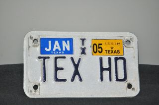 Texas Harley Personalized Jan 05 Motorcycle License Plate " Tex Hd "