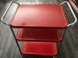 Retro Vintage 3 - Tier Metal Red Chrome Kitchen Rolling Cart Cosco Style